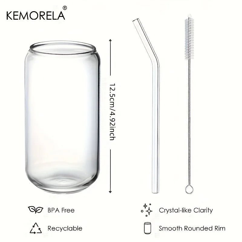 Drinking Glasses Cup with Glass Straw 4pcs Set Can Shaped For Beer Iced Coffee Whiskey Soda Tea Water with 2 Cleaning Brushes