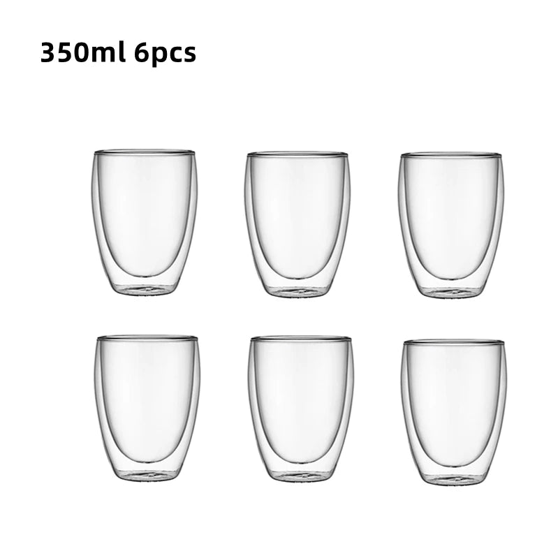 6pcs Double-Wall Insulated Glass Espresso Cups 80/150/250/350/450ml Insulated Thermal Glass Coffee Mug for Tea/Juice/Milk, Latte