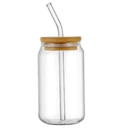 Glass with Wooden Lid and Straw