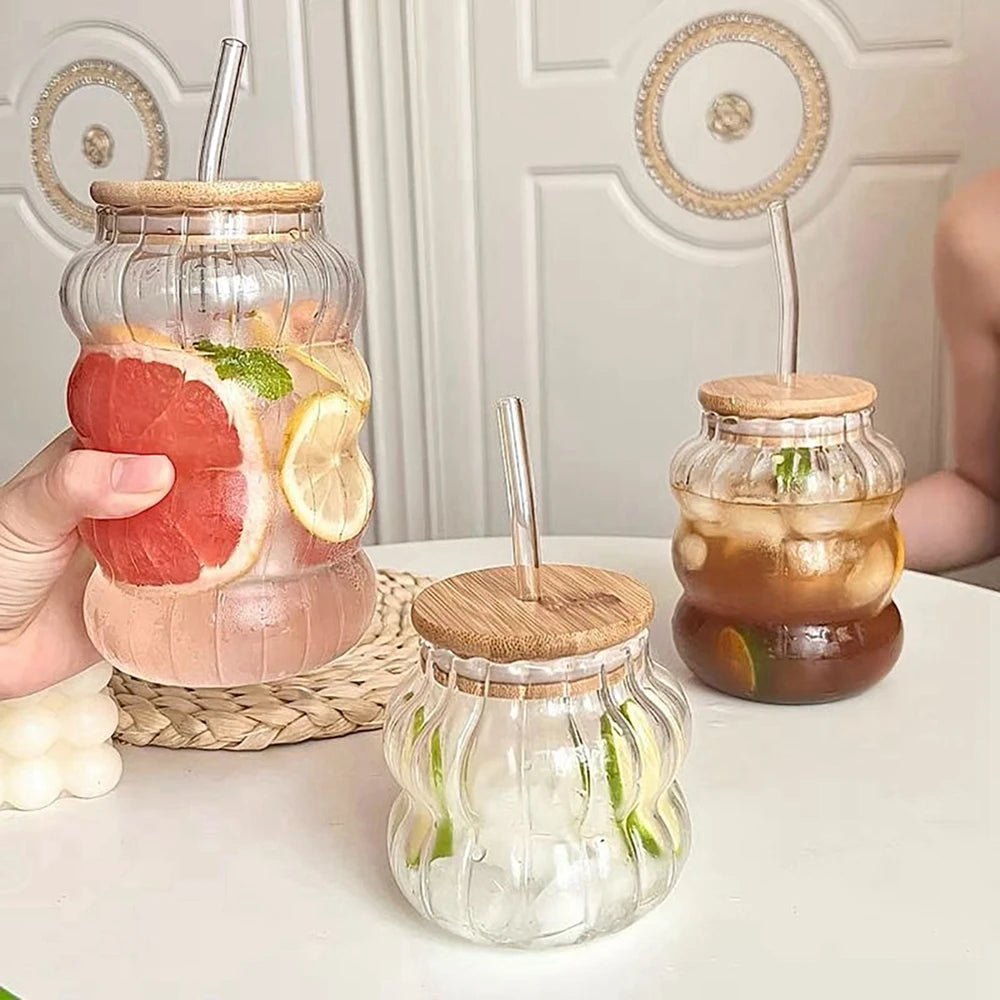 Ins Glass Cup with Straw Clear Juice Milk Straw Cup with Bamboo Lid Drinkware Simple Tumbler Latte Coffee Cup Mason Jar Mug