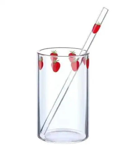 300 ML High Borosilicate Nana Cute Strawberry Water Milk Drinking Glasses Cup with Straw Upgrade Thickened Version Gift