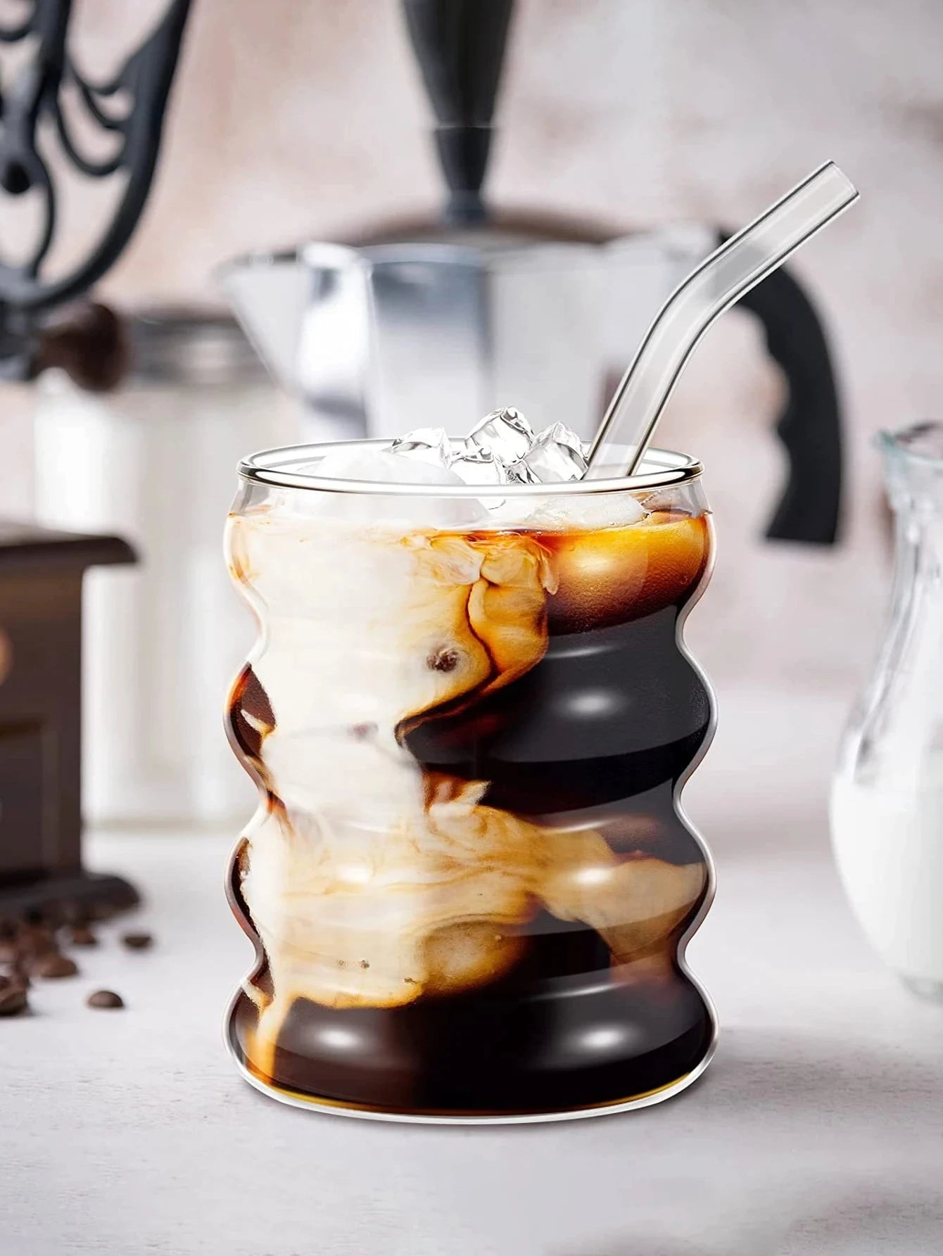 Leeseph 4Pcs Creative Glass Cups Coffee Mug Vintage Drinking Glasses Ribbed Glassware Aesthetic Cups with Straws Set