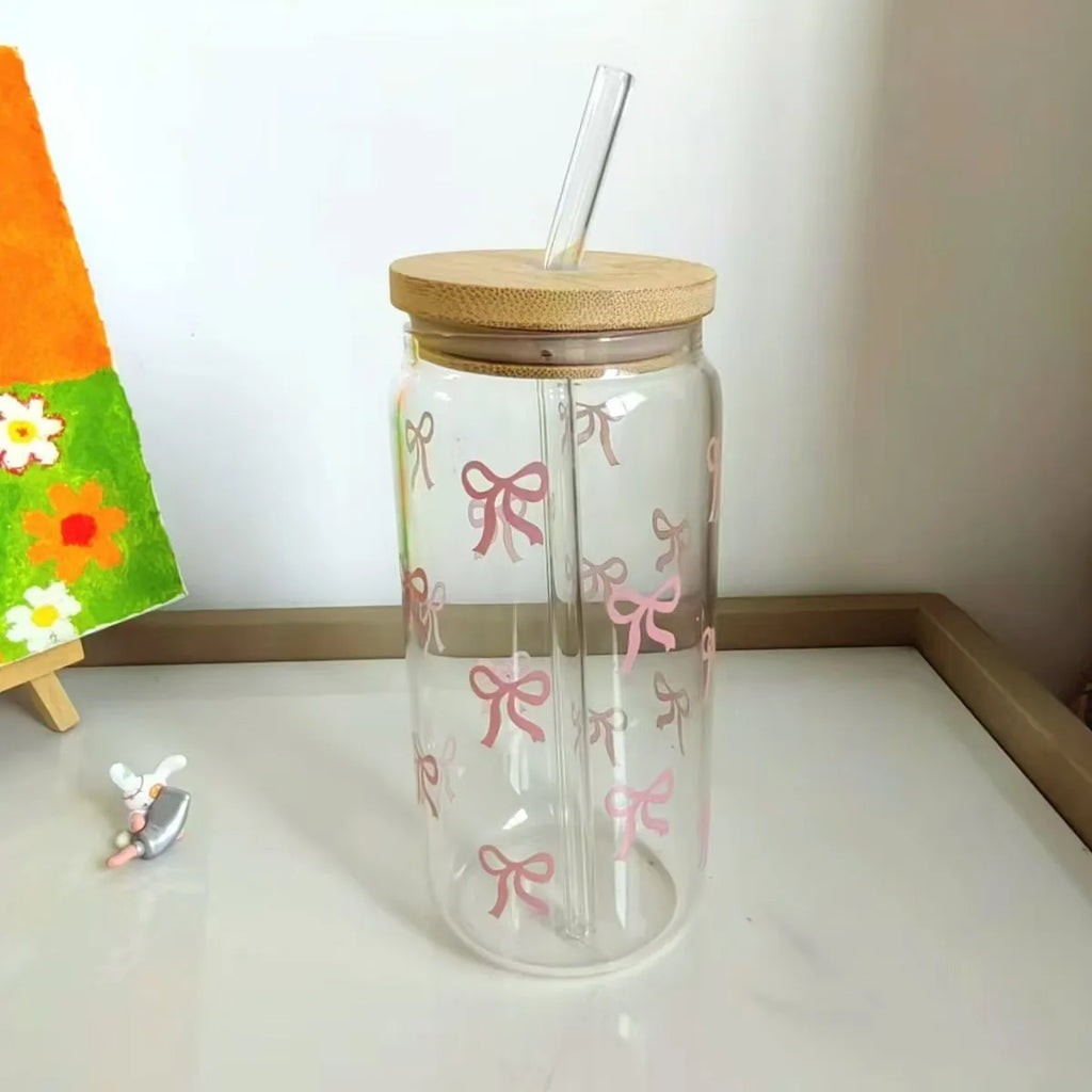 500ml Cute Bow Glass Cup Tumbler Mason Jar Shaped Water Bottle With Lids Straw Coffee Cups Party Gift for Iced Coffee Juice Cup