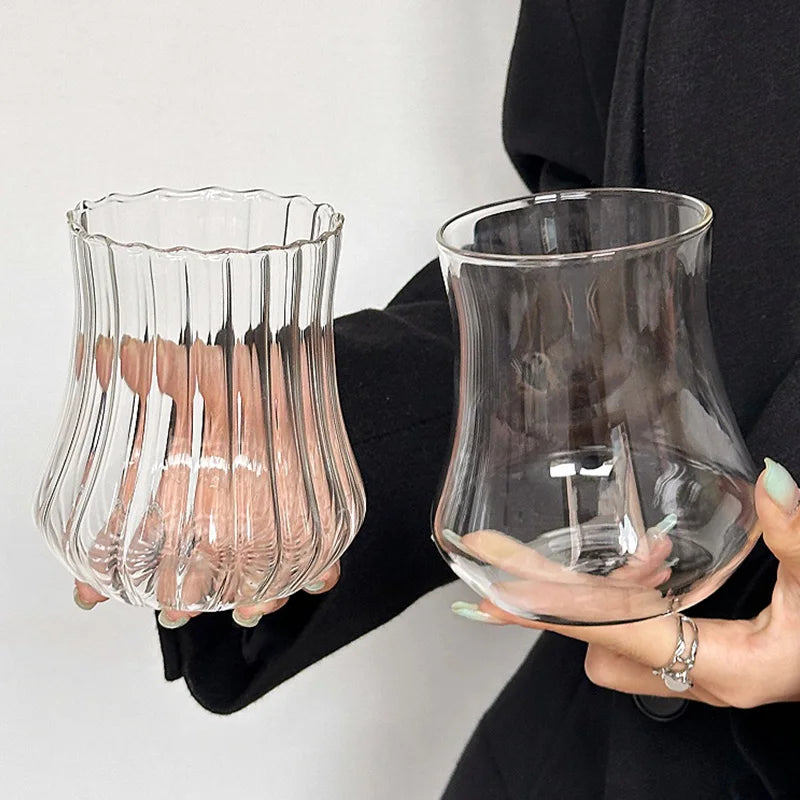 INS Transparent Glass Cups Creative Stripe Cold Coffee Mug Ice Juice Cocktail Drinking Cup Drinkware Water Wine Glass Bottle