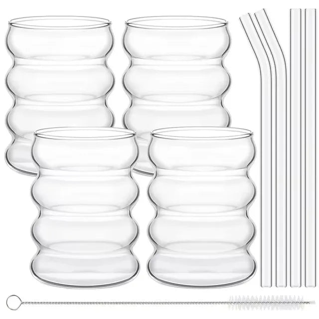 4pcs Creative Glass Cups Coffee Mug Clear Drinking Glasses Ribbed Glassware Cups With Straws Set Cocktail Fruit Glass Drinkware