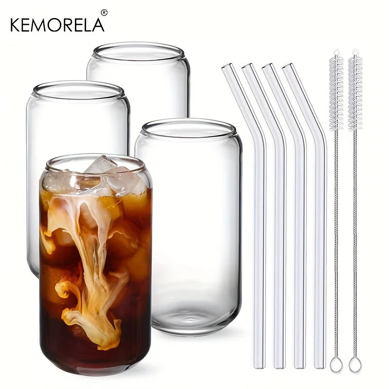 KEMORELA 1/4 Set Glass Cup With Lid and Without Cover Straw Transparent Bubble Tea Cup Glass Beer Can Milk Mocha Mug Drinkware