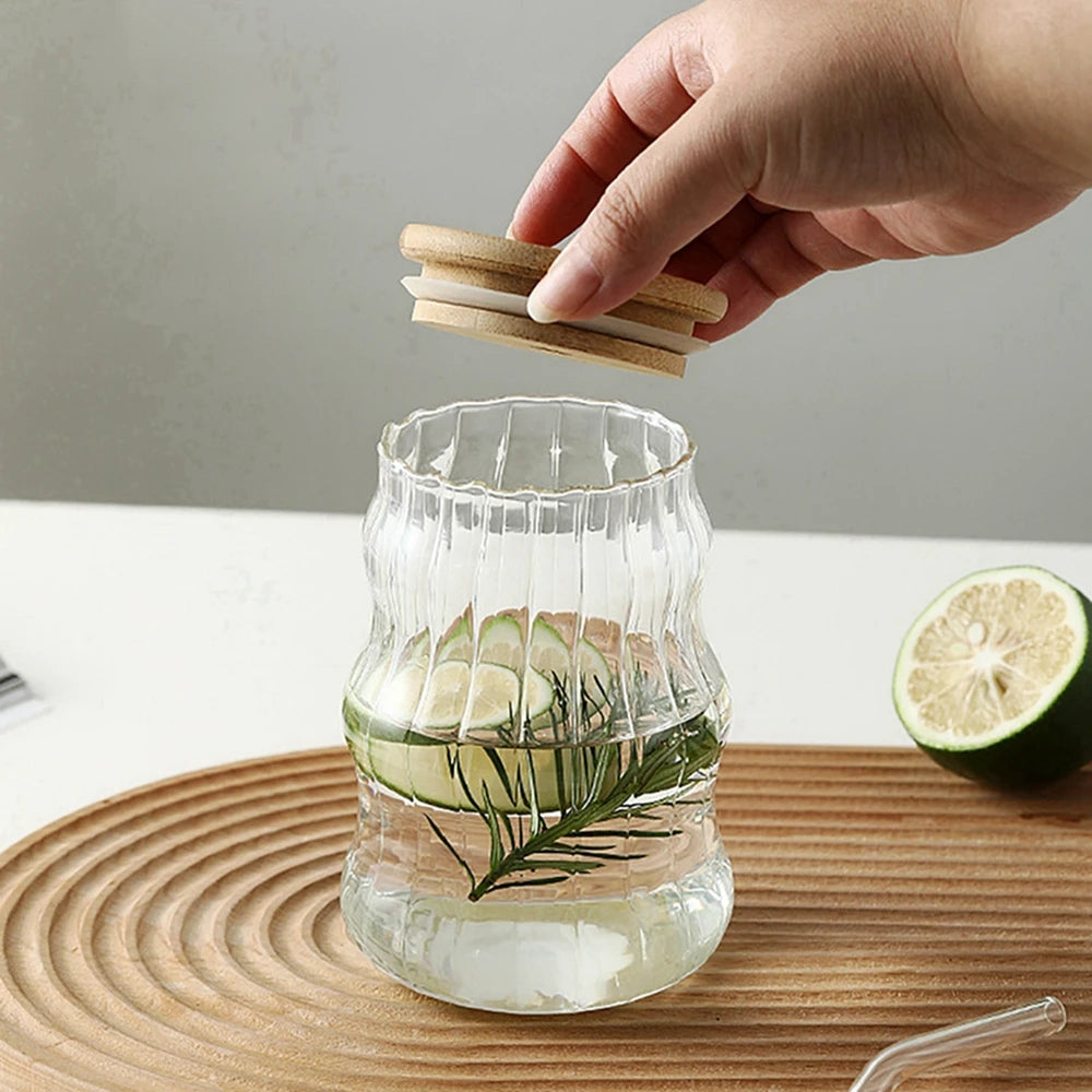 Ins Glass Cup with Straw Clear Juice Milk Straw Cup with Bamboo Lid Drinkware Simple Tumbler Latte Coffee Cup Mason Jar Mug