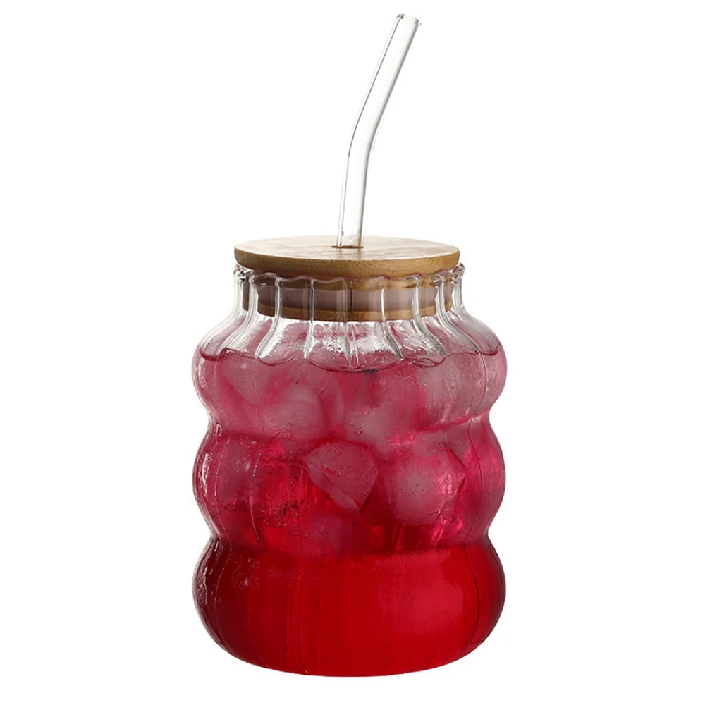 Ins Glass Cup with Straw Clear Juice Milk Straw Cup with Bamboo Lid Drinkware Simple Tumbler Latte Coffee Cup Mason Jar Mug
