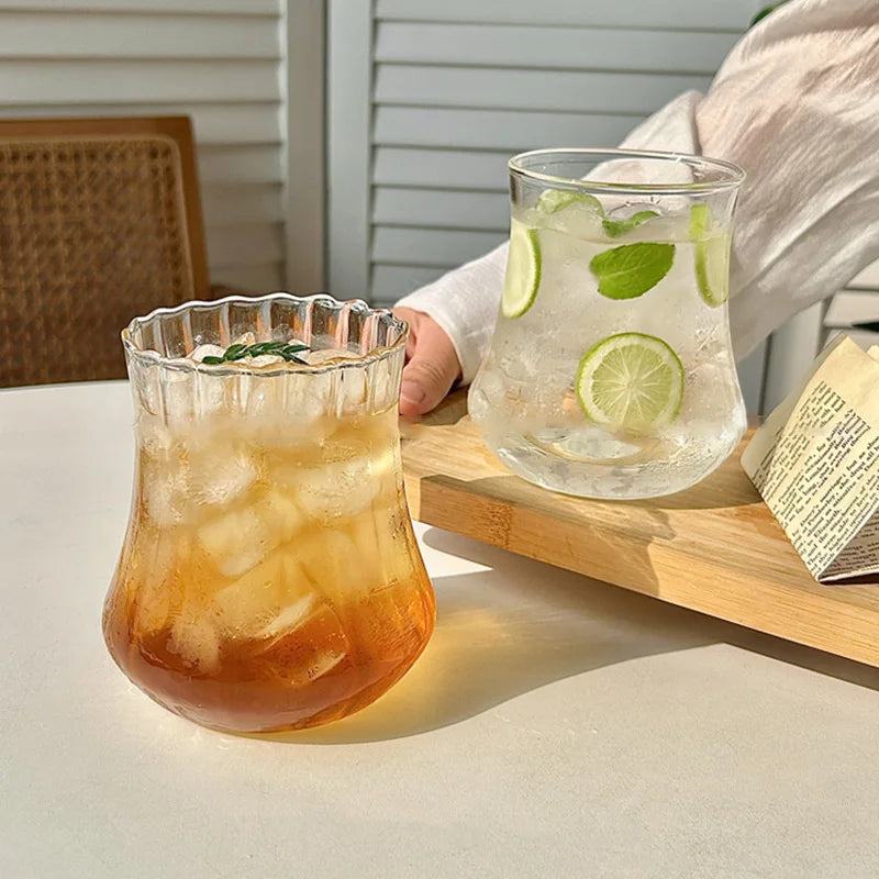 INS Transparent Glass Cups Creative Stripe Cold Coffee Mug Ice Juice Cocktail Drinking Cup Drinkware Water Wine Glass Bottle