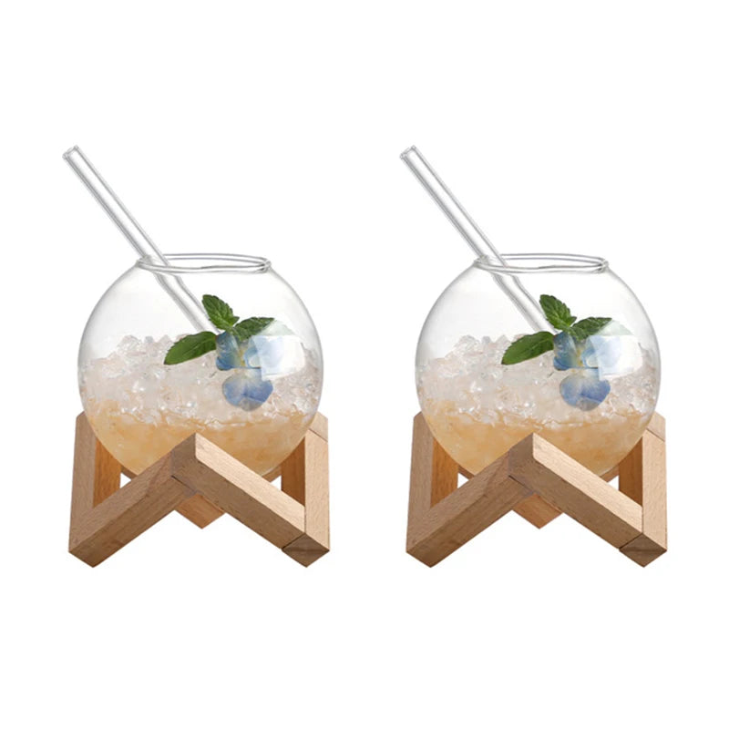 Creative Ronud Ball Glass Cup with Wood Stand Straw Wine Cocktail Glass Cup Transparent Moon Ball Cold Drinking Juice Cups