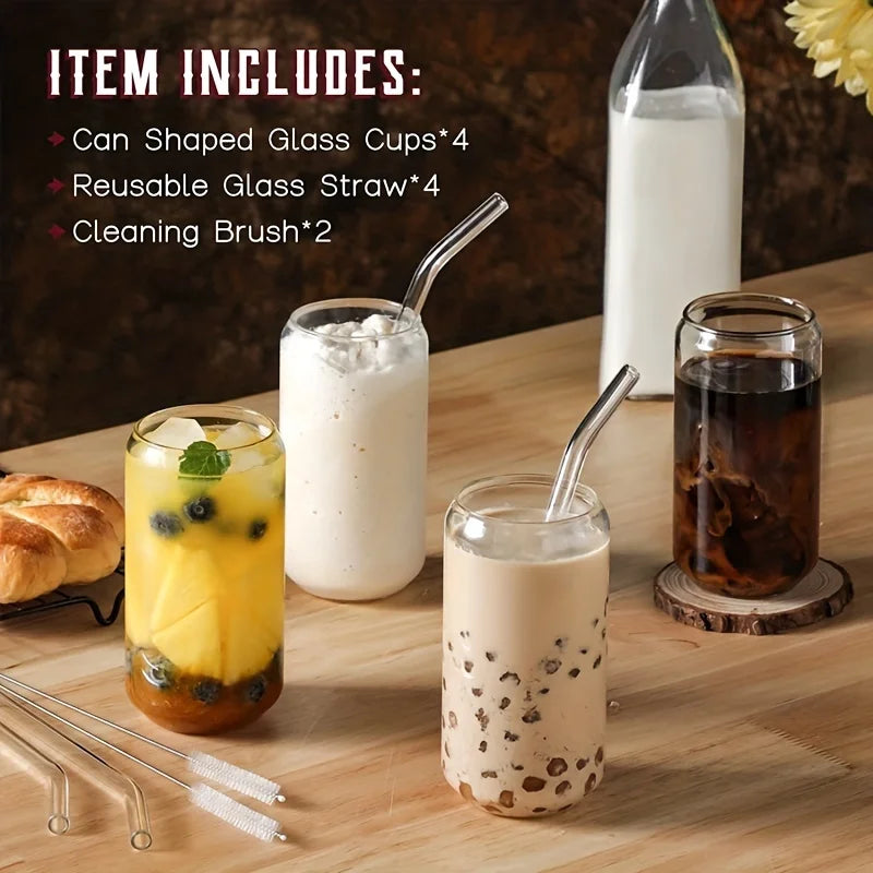 KEMORELA 1/4 Set Glass Cup With Lid and Without Cover Straw Transparent Bubble Tea Cup Glass Beer Can Milk Mocha Mug Drinkware