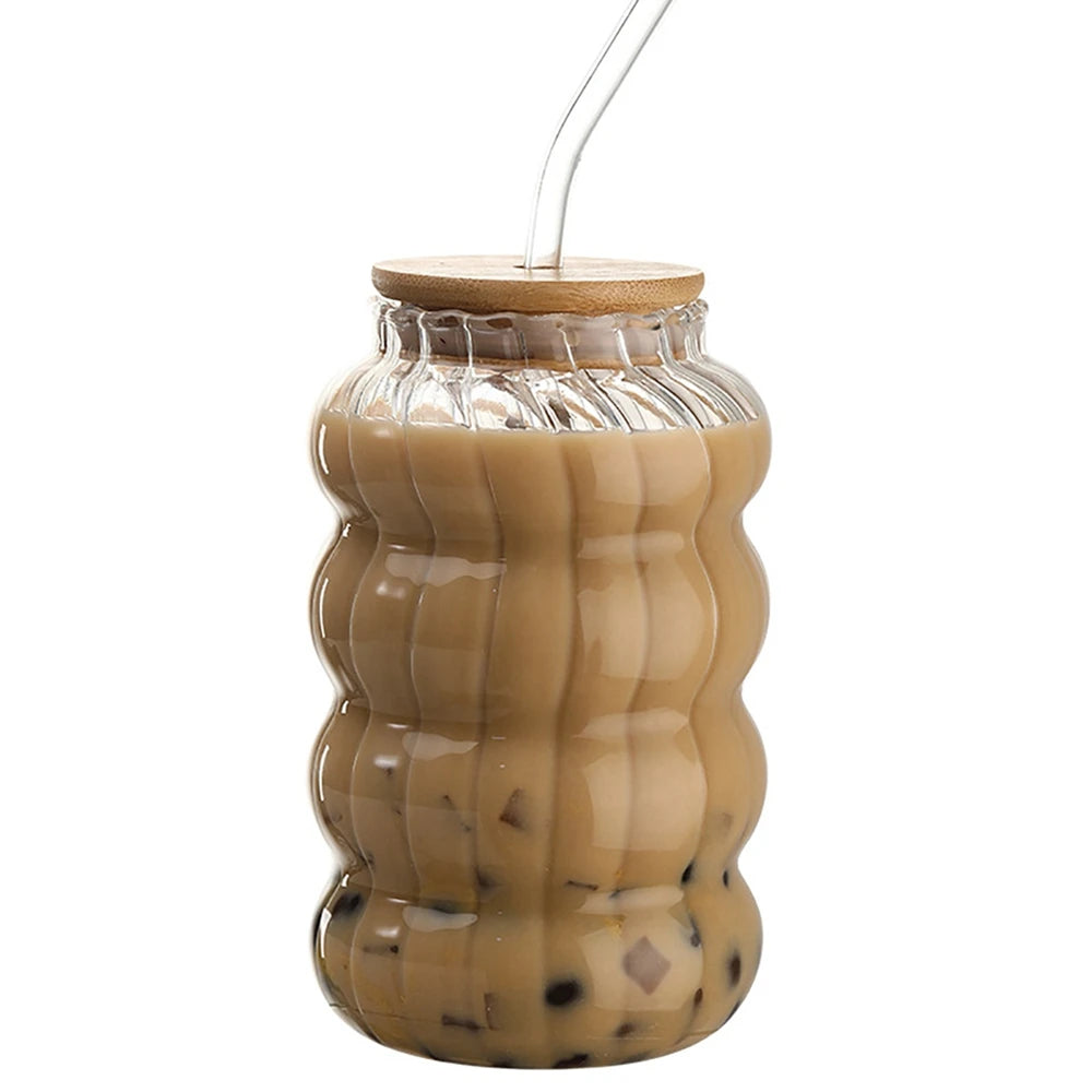 Ins Glass Cup with Straw Clear Juice Milk Straw Cup with Bamboo Lid Drinkware Simple Tumbler Latte Coffee Cup Mason Jar Mug