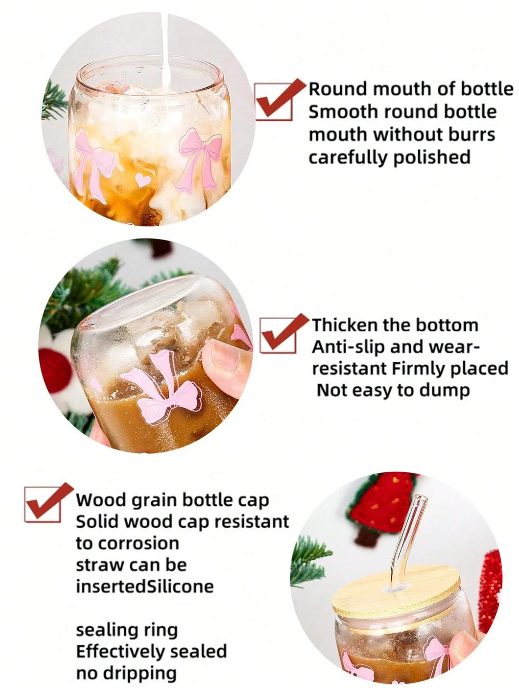 500ml Cute Bow Glass Cup Love Cherry Graffiti Pattern Water Bottle Coffee Cups With Lids Straw Brush Valentine's Day Party Gift