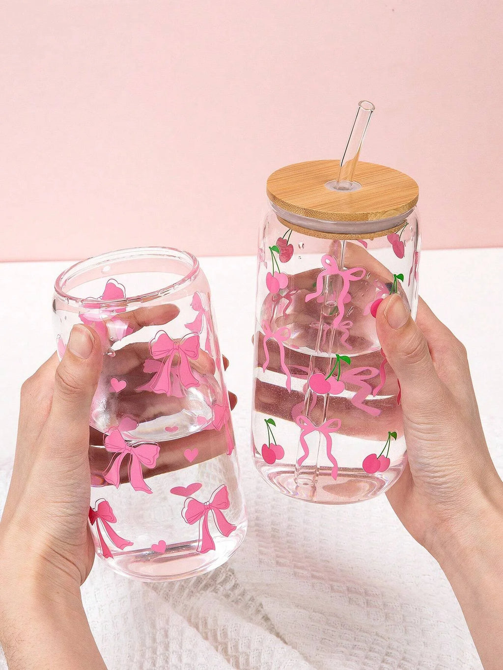 500ml Cute Bow Glass Cup Love Cherry Graffiti Pattern Water Bottle Coffee Cups With Lids Straw Brush Valentine's Day Party Gift