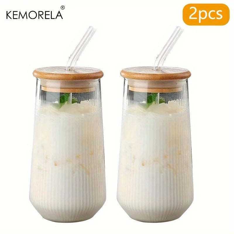 KEMORELA 1/2PCS Vertical Striped Glass With Lid and Straw Vertical Stripes - Suitable For Coffee Milk Juice Whiskey Soda Cups