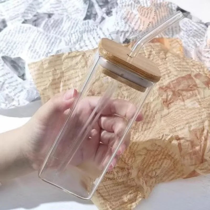 Square Glass Coffee Mug with Lid & Straw