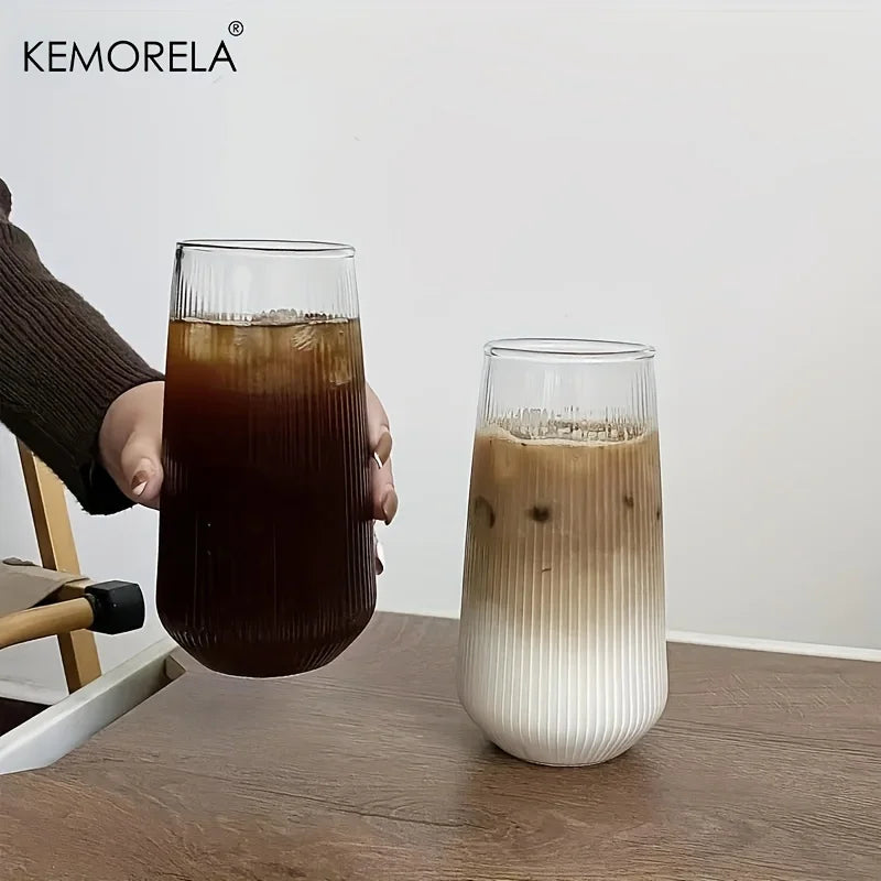 KEMORELA 1/2PCS Vertical Striped Glass With Lid and Straw Vertical Stripes - Suitable For Coffee Milk Juice Whiskey Soda Cups