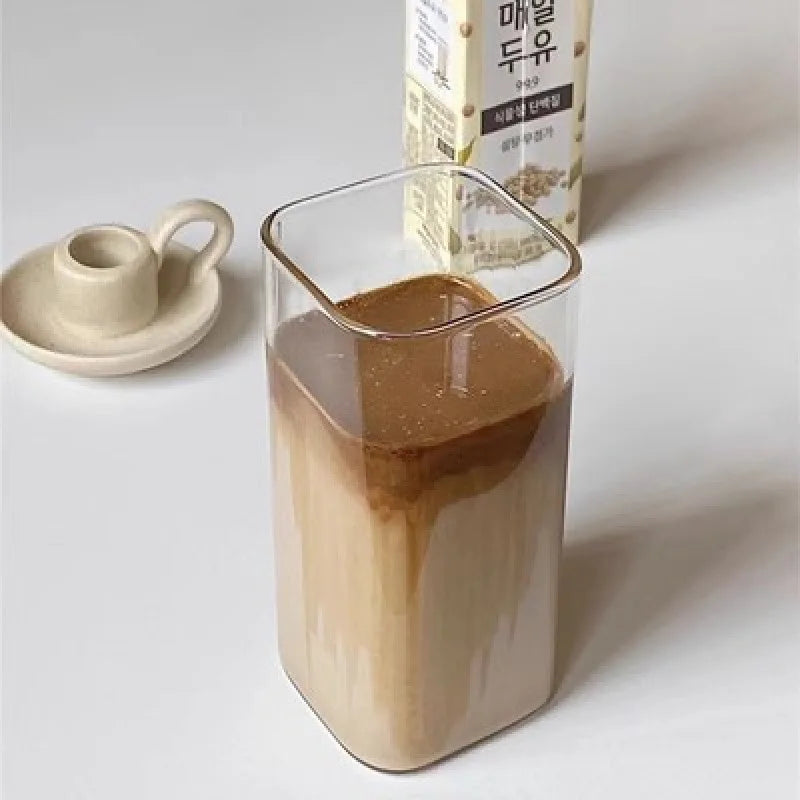 Square Glass Coffee Mug with Lid & Straw