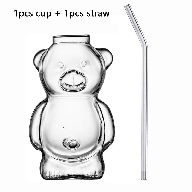 1/2pcs Cartoon Bear Shaped Glass Cup With Straw 300ml Transparent Juice Cocktail Glass Cup Restaurant Home Coffee Milk Cup