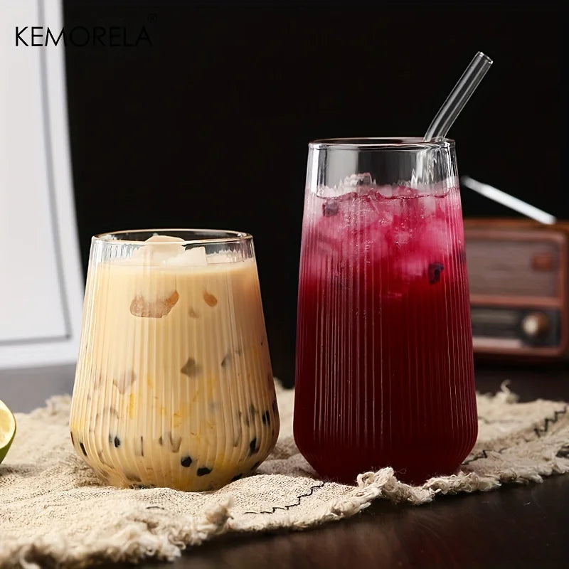KEMORELA 1/2PCS Vertical Striped Glass With Lid and Straw Vertical Stripes - Suitable For Coffee Milk Juice Whiskey Soda Cups