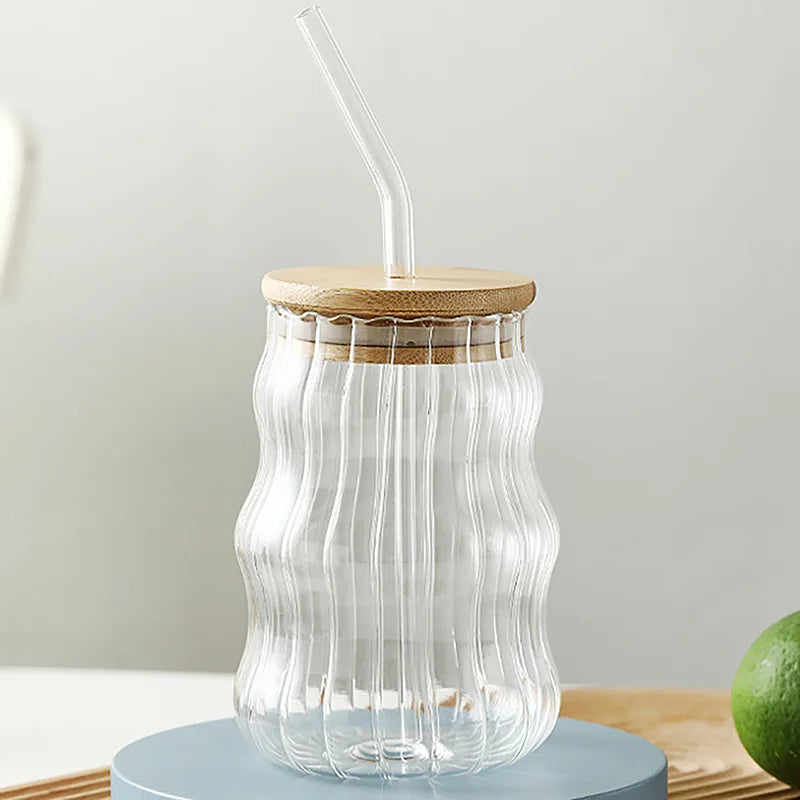 Ins Glass Cup with Straw Clear Juice Milk Straw Cup with Bamboo Lid Drinkware Simple Tumbler Latte Coffee Cup Mason Jar Mug