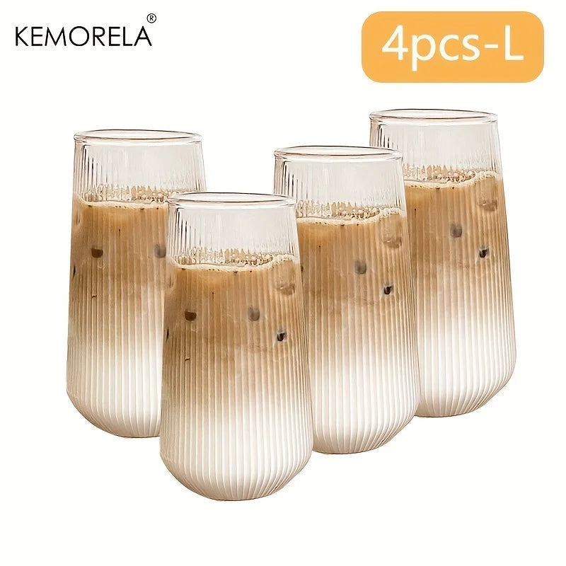 KEMORELA 4/6PCS Heat-Resistant Vertical Stripes Clear Coffee Glass Water Cup Milk Beer Juice Tea Cup Drinking Cup Kitchen Party