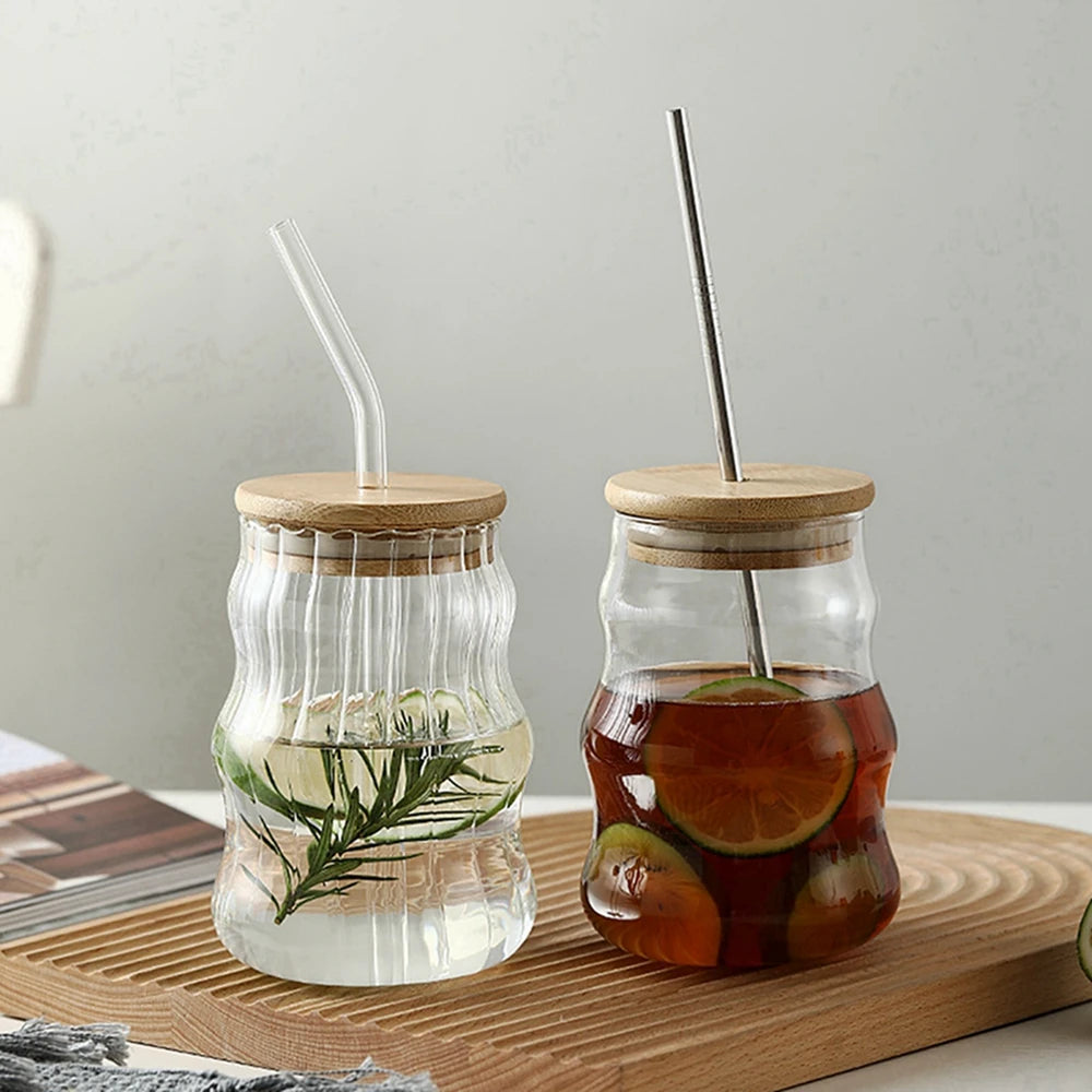 Ins Glass Cup with Straw Clear Juice Milk Straw Cup with Bamboo Lid Drinkware Simple Tumbler Latte Coffee Cup Mason Jar Mug