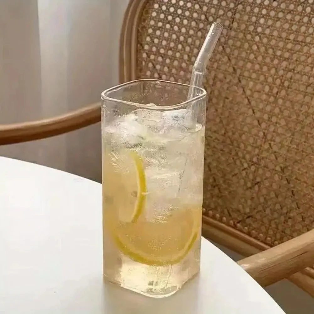 Square Glass Coffee Mug with Lid & Straw