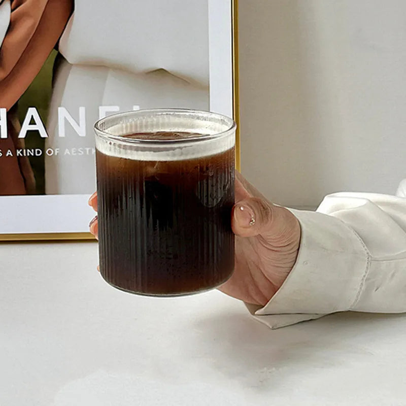 Glass Cup Household Stripe Coffee Milk Glass Transparent Glasses Ice Juice Mug Tea Latte Cup Drinkware Retro Home Decor