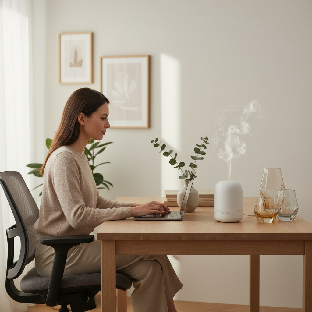 kombiniere home design produkte, moderne aroma difuser und spezielle gläser in einem bild. Das bild wird für eine websiten abteilung genutzt für Kundenservice. Eine freundliche dame ist auch auf dem bild am computer.